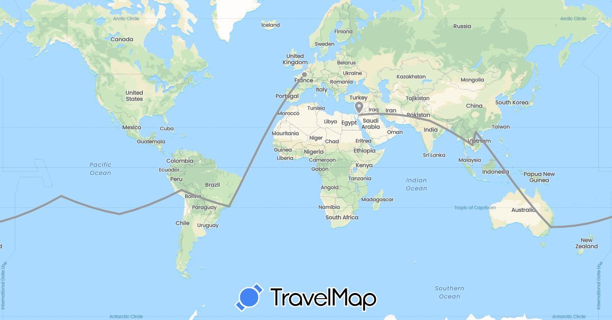 TravelMap itinerary: driving, plane in Australia, Brazil, Chile, France, India, Jordan, Cambodia, Peru, Vietnam (Asia, Europe, Oceania, South America)
